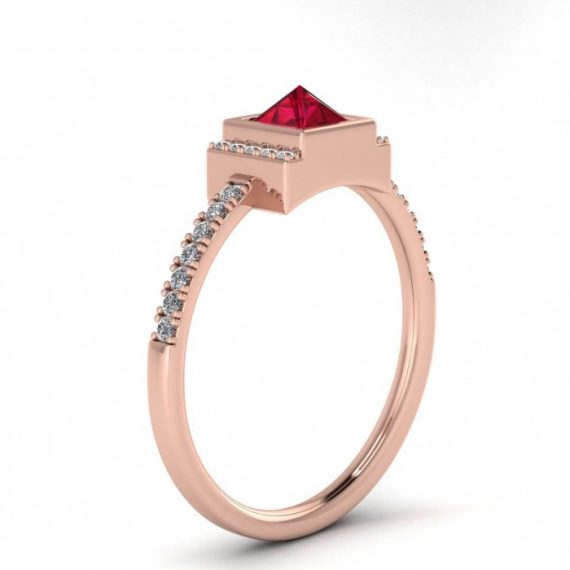 10K Rose Gold Princess Cut Red Ruby Diamond Ring