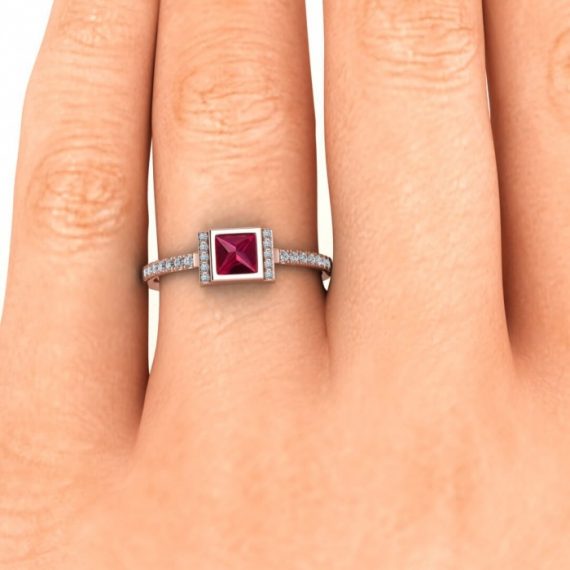 10K Rose Gold Princess Cut Red Ruby Diamond Ring