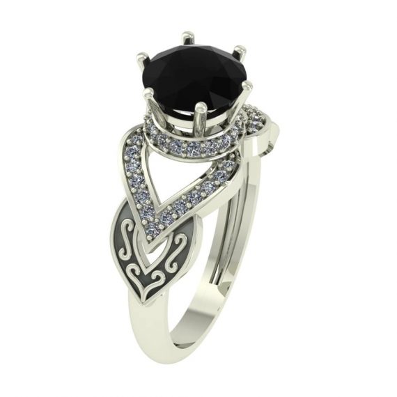 3 Carat Black Diamond With White Diamonds Halo White Gold Ring - Side View