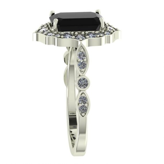 Floral Black Emerald Cut White Gold Ring Side View