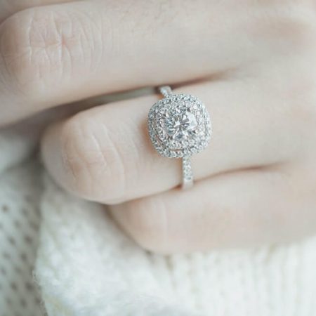 White Round Halo Diamond Engagement Rings - Close Up View