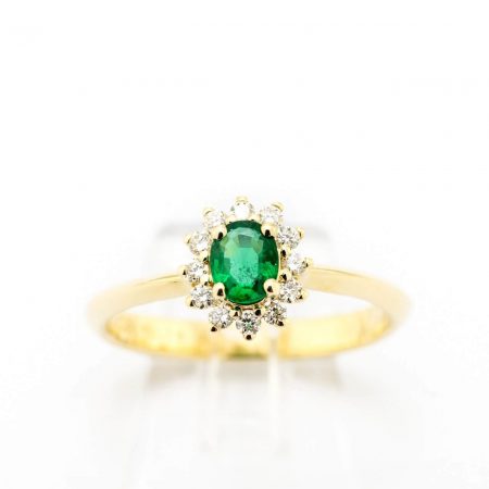 14k Yellow Gold Oval Emerald Flower Diamond Halo Ring - Front View