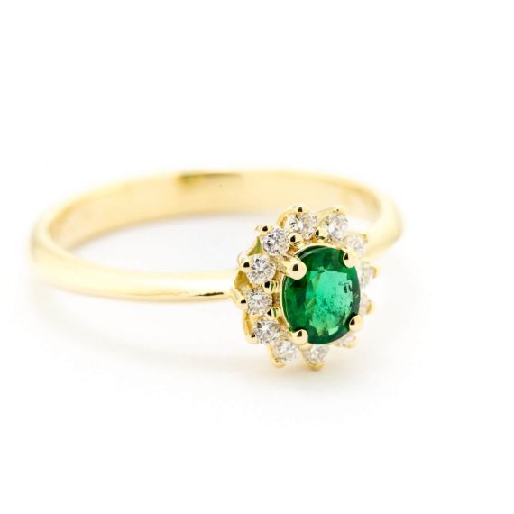 14k Yellow Gold Oval Emerald Flower Diamond Halo Ring