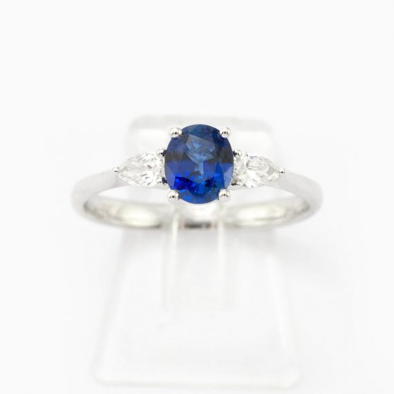 Oval Blue Sapphire & Pear Diamond Three Stone Ring