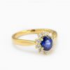 18k Yellow Gold Oval Cut Blue Sapphire Flower Diamond Halo Ring