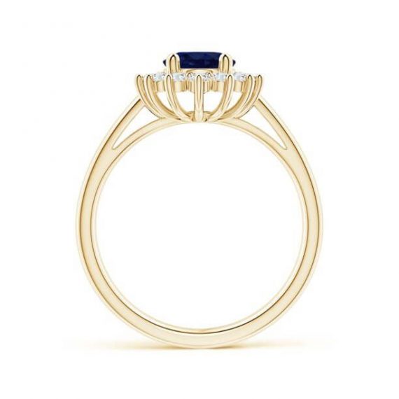 18k Yellow Gold Oval Cut Blue Sapphire Flower Diamond Halo Ring - Straight View