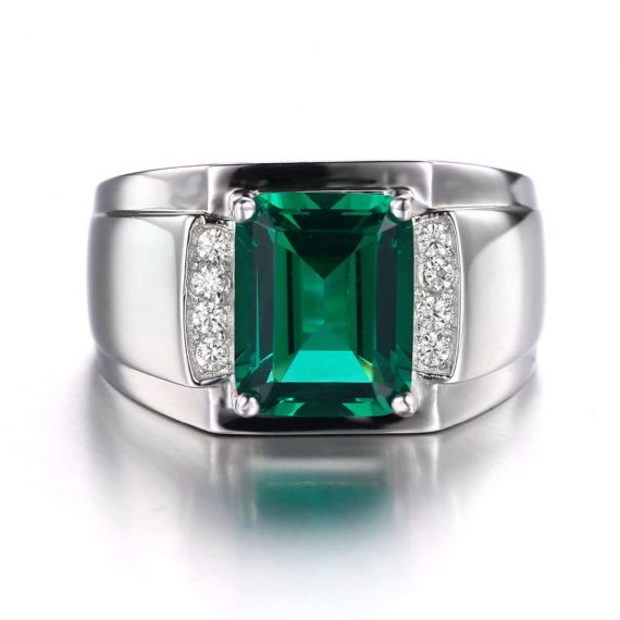 925 Sterling Sliver Men Luxury 2.7ct Created Emerald Wedding Ring