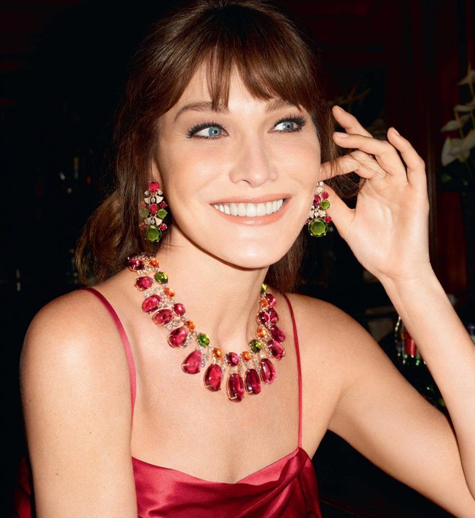 Carla Bruni in Garnet Diamond Peridot Necklace