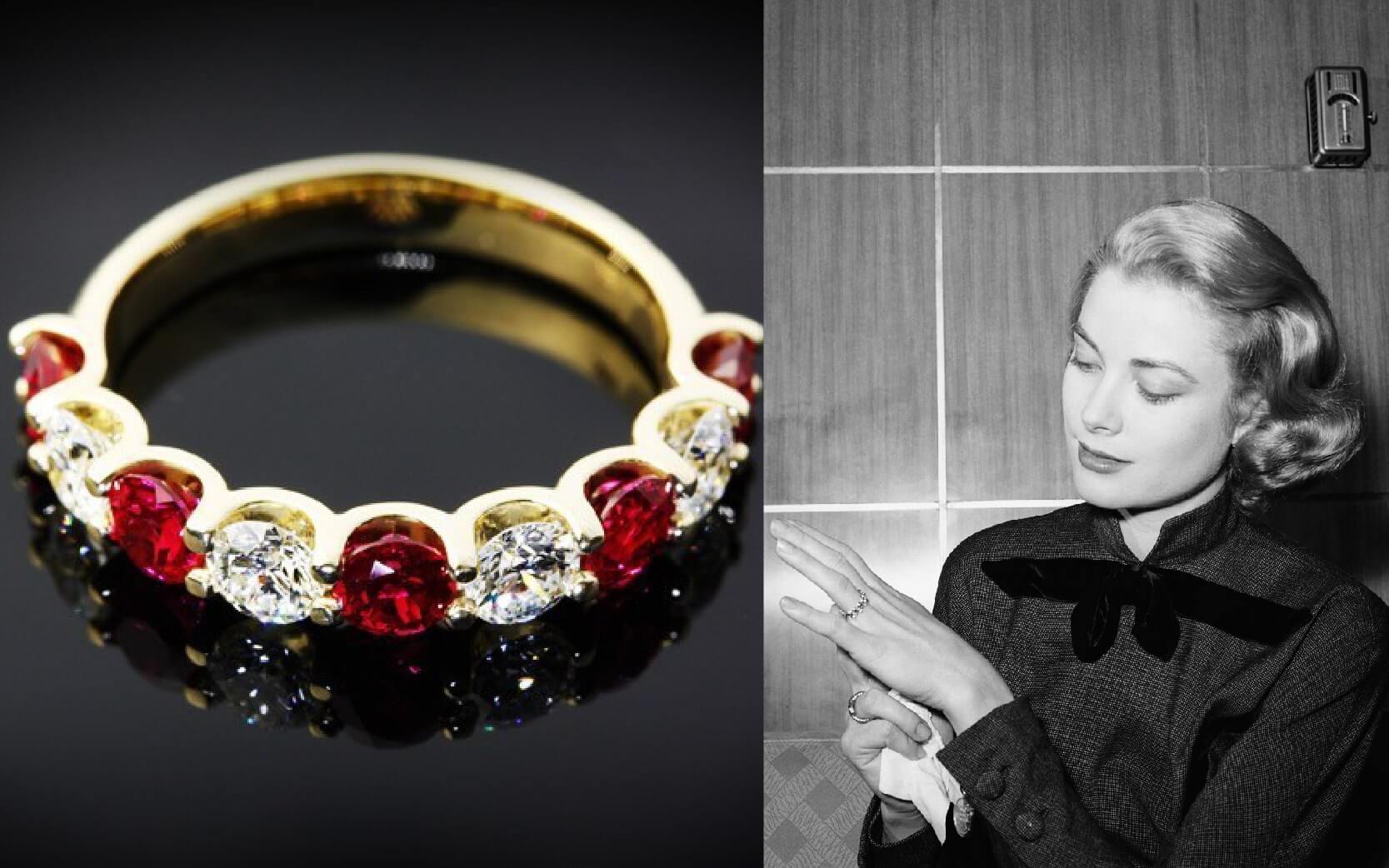 Celebrity Grace Kelly and Rainier III - Give Red Ruby with Tiny Round Diamond Engagement Ring