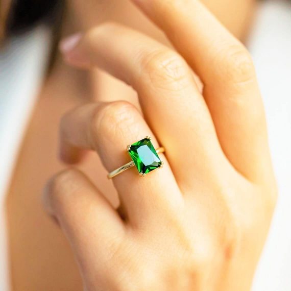 Green Emerald Cut Moissanite Engagement Ring - Women Wear Ring