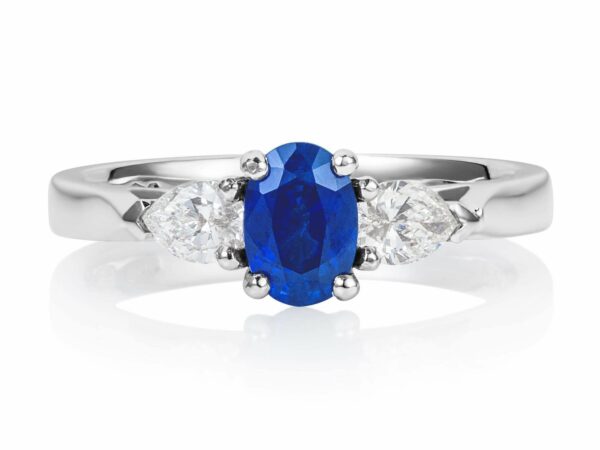 Oval Blue Sapphire and Pear Diamond Three Stone Ring-1