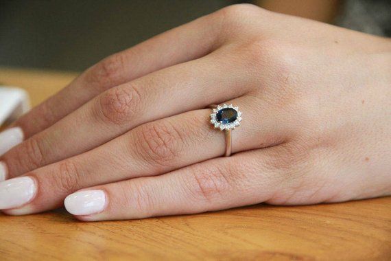 Oval Cut Blue Sapphire Flower Diamond Halo Ring - 1
