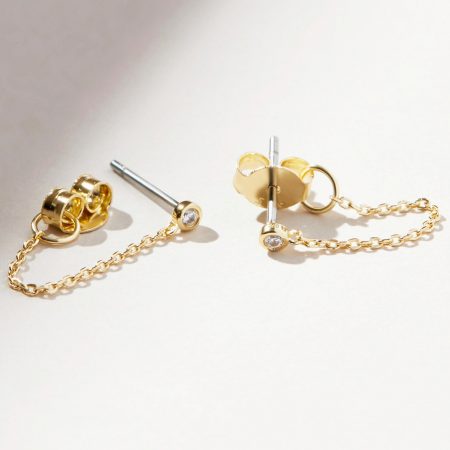 Bezel Diamond Chain Stud Earrings in Two Tone Metal
