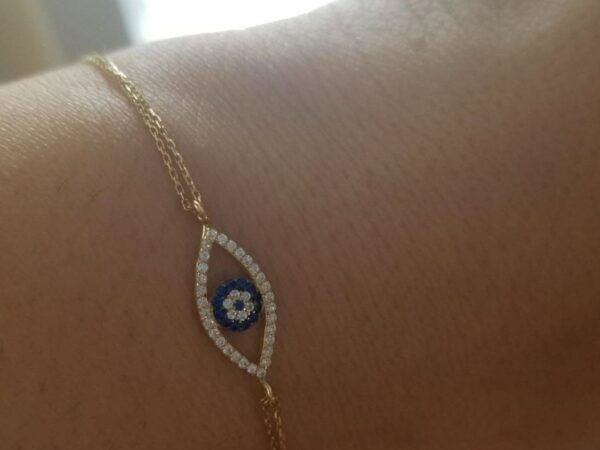 Evil Eye Bracelet 14k Gold Round Diamond good luck bracelet on hand
