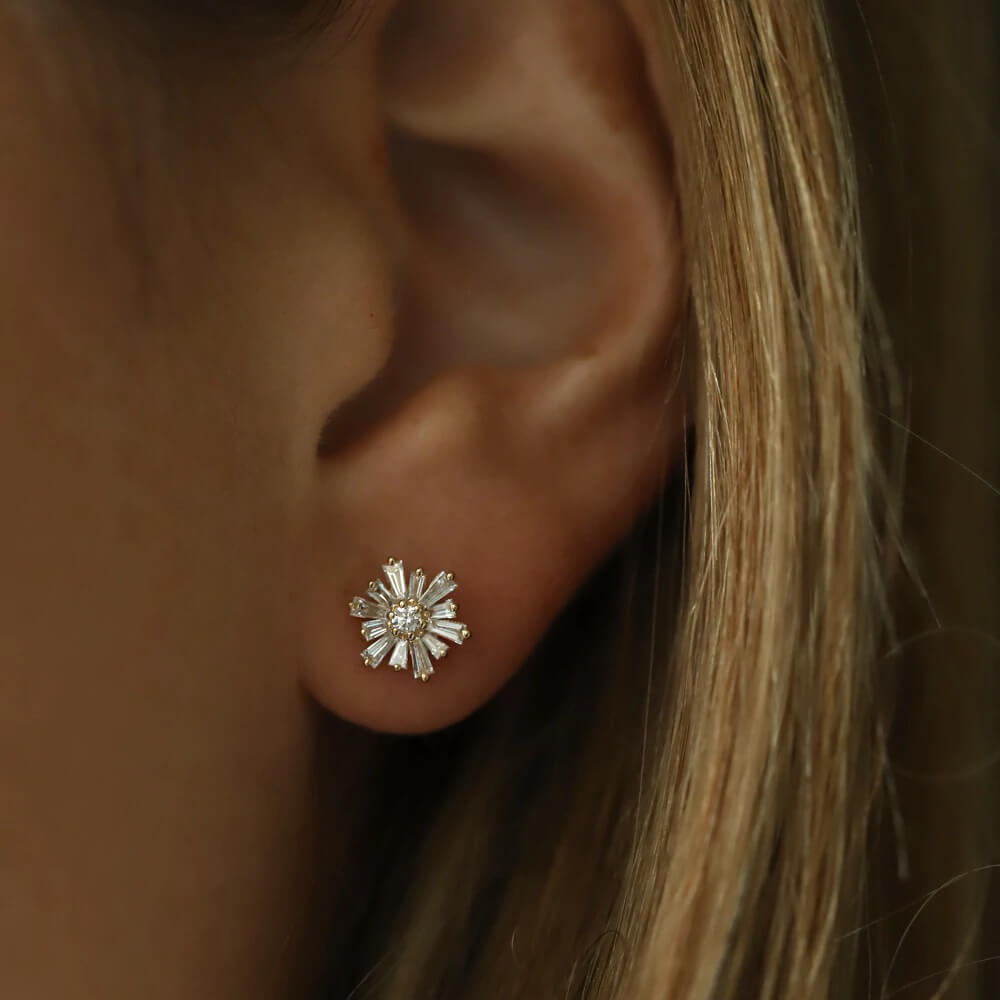 Tapered Baguette Unique Diamond Earrings Stud for Women on ear
