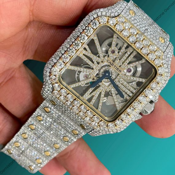 DEF VVS Moissanite Studded Watch | Cartier Skeleton Stainless Steel Iced Out Moissanite Watch | Cartier Full Bust down Watch | luxary Wrist Watch | Two-Tone Cartier Watch