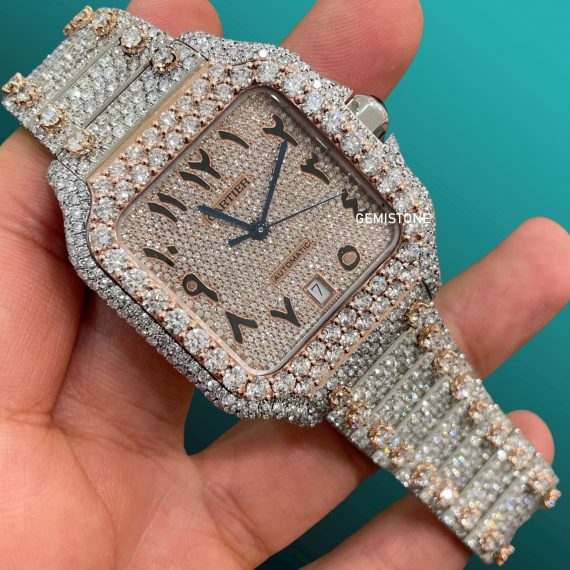 Cartier Santos Custom Diamond Stainless Steel and Rose Gold Watch, Black Roman Numeral Dial| Fully Iced Out Watch | Bust Down Watch, Hip hop Watch