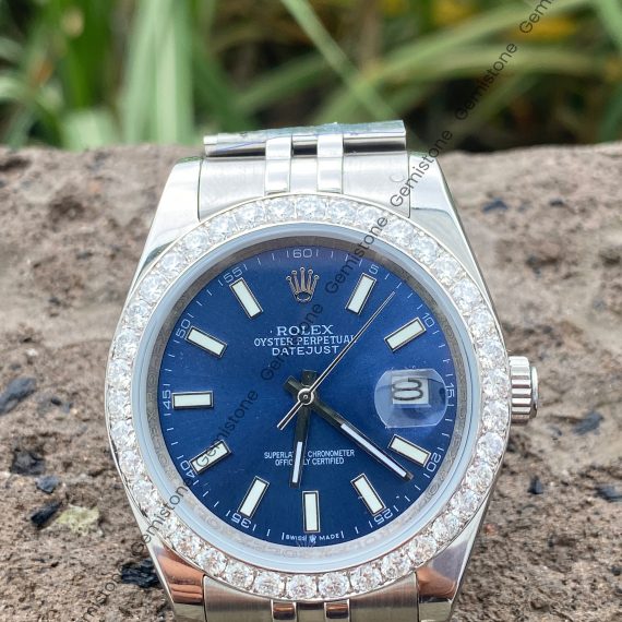 VVS Moissanite Bezel Diamond Blue Dial Rolex DateJust Watch