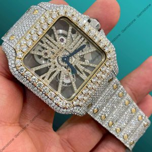 DEF VVS Moissanite Studded Watch | Cartier Skeleton Stainless Steel Iced Out Moissanite Watch | Cartier Full Bust down Watch | luxary Wrist Watch | Two-Tone Cartier Watch