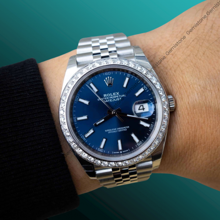 Moissanite Studded Watch | 41 Jubilee Blue Diamond Bezel DateJust Iced Out VVS Moissanite Watch | Rolex Full Bust Down Watch For Unisex | Men Luxury Wrist Watch