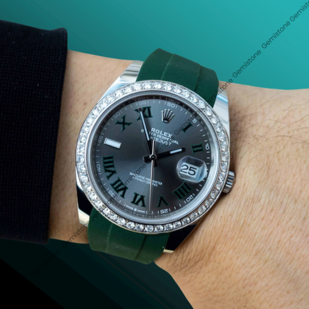 Moissanite Studded Watch | 41 Silicon Grey Dial Diamond Bezel Date Just VVS Moissanite Watch | Rolex Bezel Diamond Watch For Unisex | Men Luxury Wrist Watch