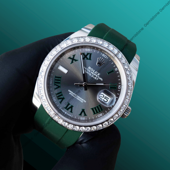 Moissanite Studded Watch | 41 Silicon Grey Dial Diamond Bezel Date Just VVS Moissanite Watch | Rolex Bezel Diamond Watch For Unisex | Men Luxury Wrist Watch