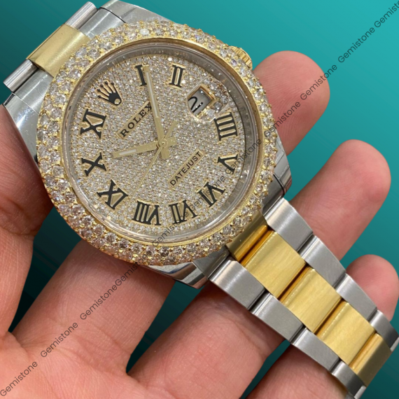 Moissanite Studded Watch | Rolex Two Tone 41MM Date Just Iced Out VVS Moissanite Watch | Rolex Full Bust Down Watch For Unisex | Men Luxury Wrist Watch