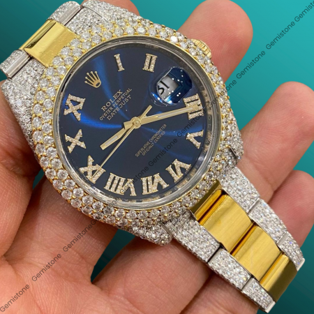 Moissanite Studded Watch | Rolex Two Tone 41MM Date Just Iced Out VVS Moissanite Watch | Rolex Half Bust Down Watch For Unisex | Men Luxury Wrist Watch