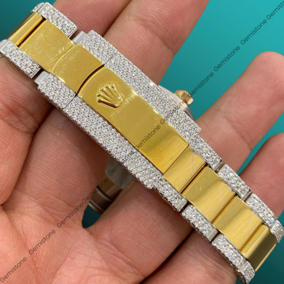 Moissanite Studded Watch | Rolex Two Tone 41MM Date Just Iced Out VVS Moissanite Watch | Rolex Half Bust Down Watch For Unisex | Men Luxury Wrist Watch
