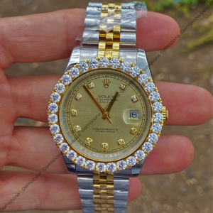 Moissanite Studded Watch | Rolex Two-Tone 41mm Jubilee Yellow Dial Diamond Bezel Date Just Moissanite Watch | Men Luxury Wrist Watch