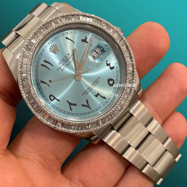 DEF VVS Moissanite Studded Watch | Rolex Iced Out Moissanite Watch | Rolex Full Bust down Watch For Unisex | Datejust Sky Color Dial Classic | Bezel Diamond Wrist Watch