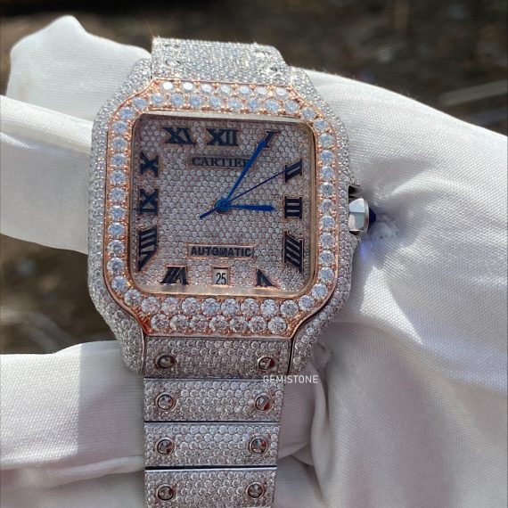 Stainless Steel VVS Moissanite Studded Santos Swiss Diamond Two Tone Watch