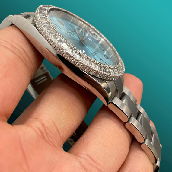 Baguette VVS Moissanite Studded Bezel Datejust Sky Classic Rolex Wrist Watch