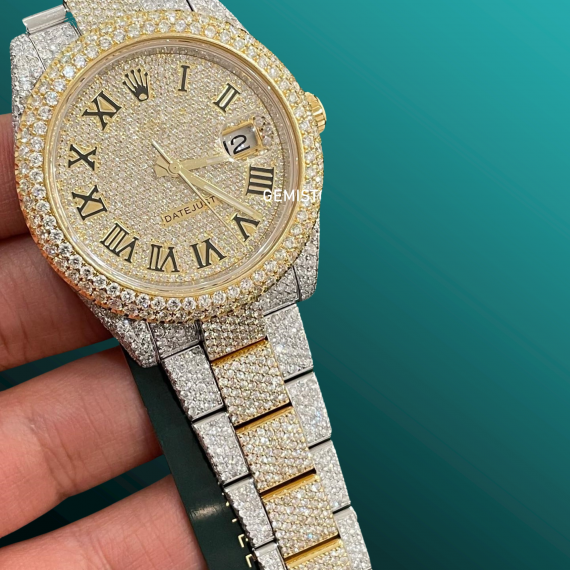 Moissanite Studded Watch | Rolex Two Tone 41MM Date Just Iced Out VVS Moissanite Watch | Rolex Full Bust Down Watch For Unisex | Men luxury Wrist Watch