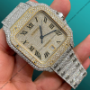 Two Tone Cartier Santos Custom Diamond Stainless Steel Watch, Black Roman Numeral Dial | Fully Iced Out Watch | Bust Down Watch, Hip Hop Watch