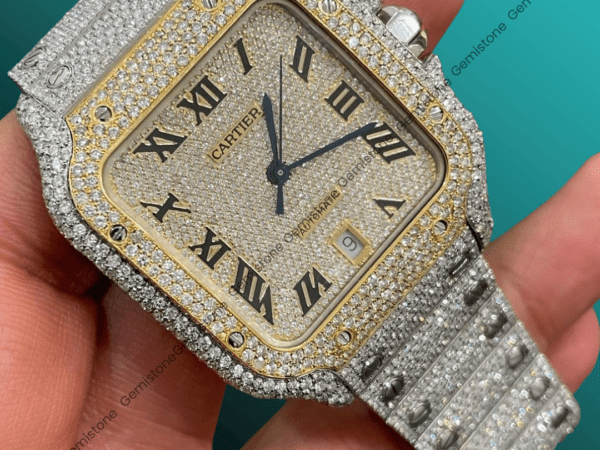 Two Tone Cartier Santos Custom Diamond Stainless Steel Watch, Black Roman Numeral Dial Fully Iced Out Watch Bust Down Watch, Hip Hop Watch
