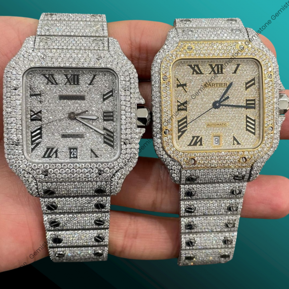 Two Tone Cartier Santos Custom Diamond Stainless Steel Watch, Black Roman Numeral Dial | Fully Iced Out Watch | Bust Down Watch, Hip Hop Watch