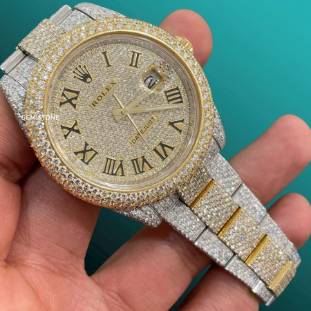 Moissanite Studded Watch | Rolex Two Tone 41MM Date Just Iced Out VVS Moissanite Watch | Rolex Full Bust Down Watch For Unisex | Men luxury Wrist Watch