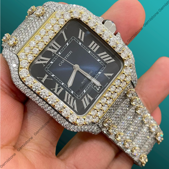 Cartier Santos Custom Diamond Stainless Steel And Yellow Gold Watch, Nevy Blue Dial Roman Numeral | Fully Iced Out Watch | Bust Down Watch, Hip Hop Watch