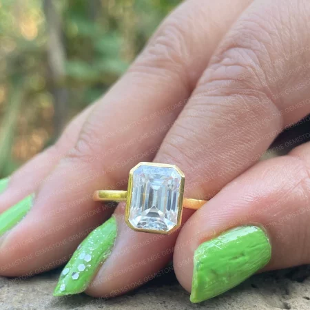 3CT Emerald Cut Moissanite Bezel Set Solitaire Engagement Ring