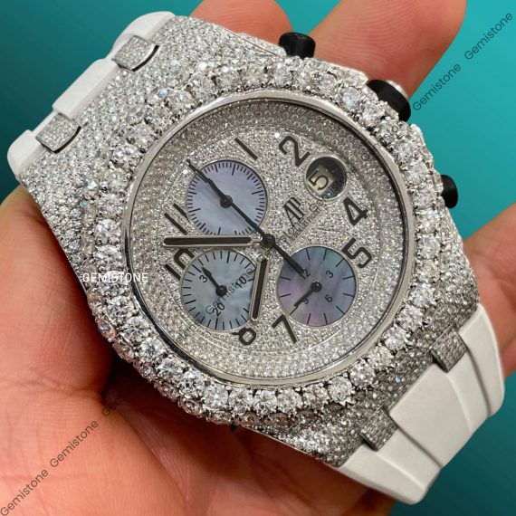 Round Moissanite Iced Out White Silicon Band AP Diamond Watch | All Chronology Working