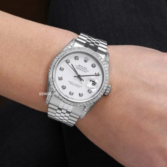 Round Moissantie Diamond Stainless Steel DateJust Rolex Watch | Iced Out Bust Down Watch | Custom Diamond Watch Gifts