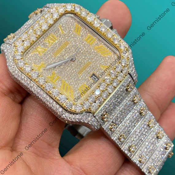Santos VVS Moissanite Studded Cartier Diamond Watch | Ice Out Wath For Men | Swiss Watch | Bust Down Watch