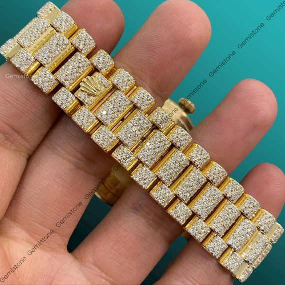 DayDate Full Yellow Gold Plated VVS Moissanite Studded Ice Out Rolex Wrist Watch | Bust Down Stainless Steel Watch