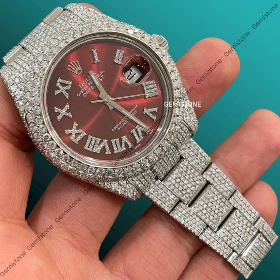 DateJust Red Dial Iced Out Moissanite Rolex Watch Men | Stainless Stell Bust Down Hip Hop Watch