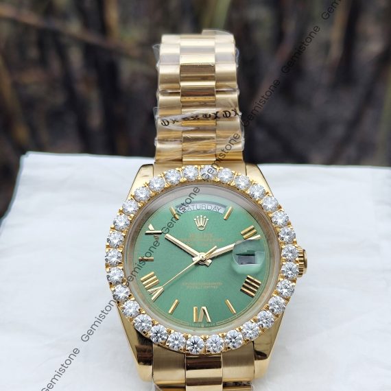 41mm Jubilee Green Dial Diamond Bezel DayDate Moissanite Watch | Men Luxury Yellow Gold Plated Wrist Watch