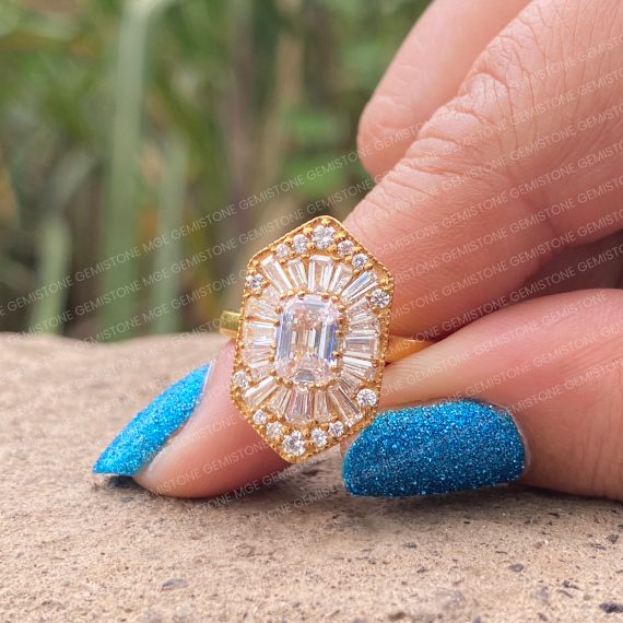 Emerald Cut Moissanite Diamond Mosaic Engagement Ring