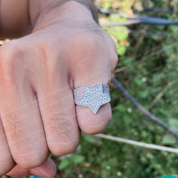 925 Sterling Silver Men's Star Diamond Iced Out Hip Hop Pinky Ring