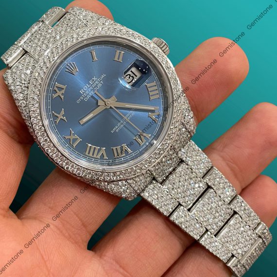 Buy Moissanite Studded Rolex Blue Dial Fully Ice Out Watch For Women | Hip Hop Watch