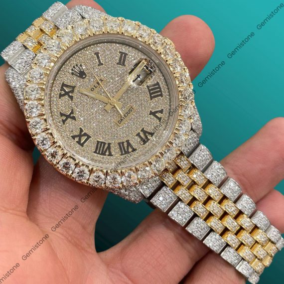 41mm DateJust Two Tone Fully Ice Out Rolex Moissanite Diamond Watch For Men | Yellow Gold Plated Bust Down Watch